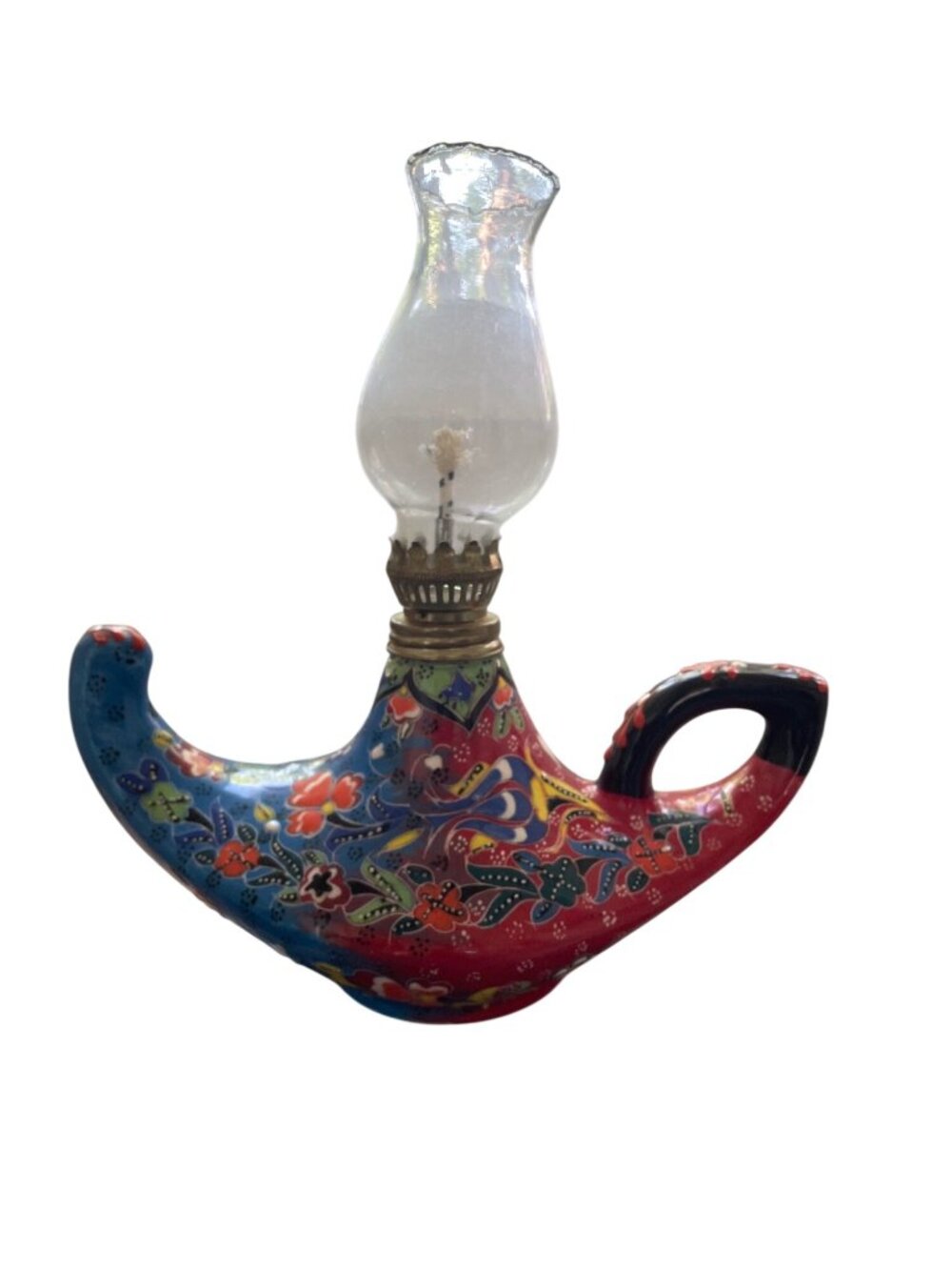 Hand-Painted Turkish Alladin Oil Lamp & Glass Chimney Made in Turkey